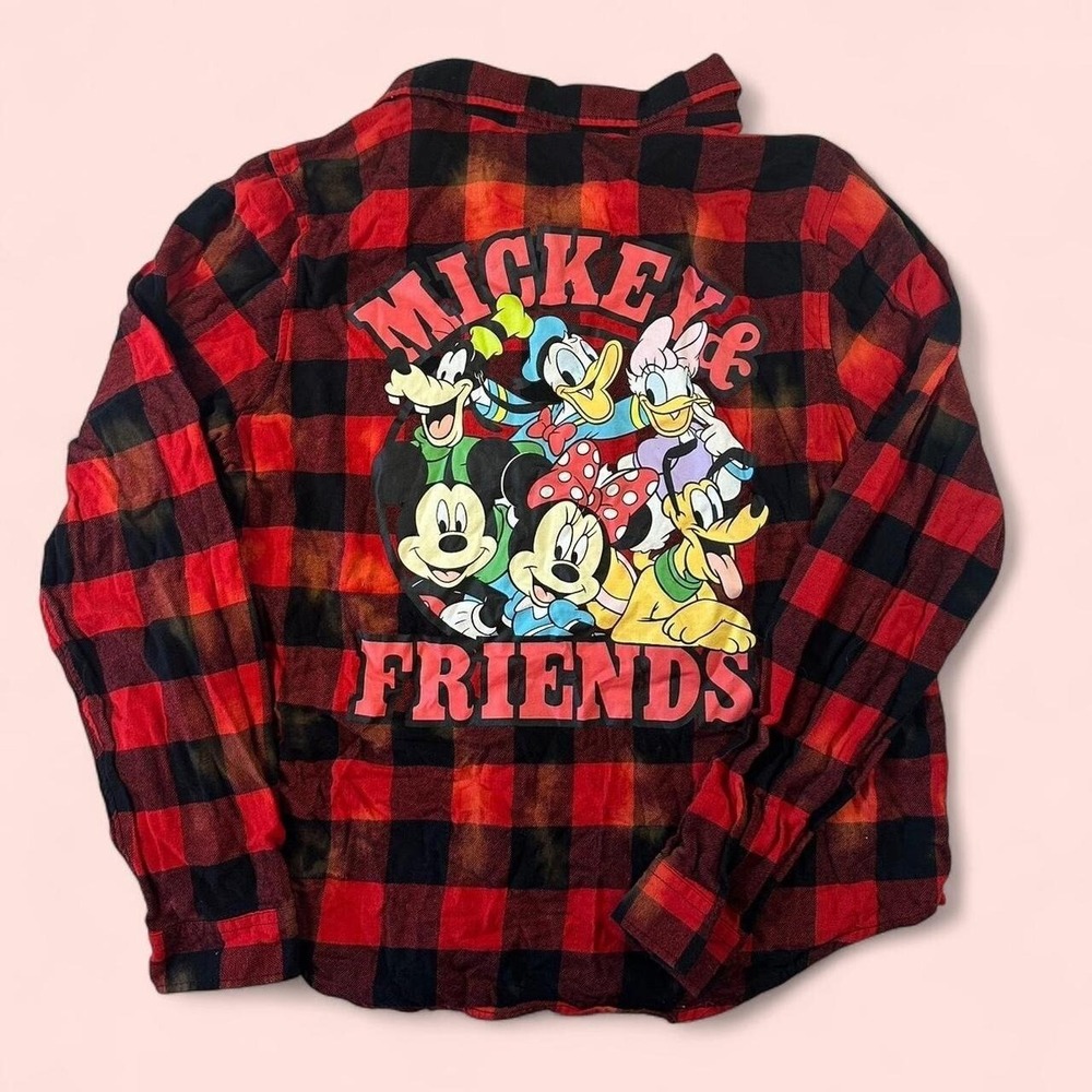Disney Mickey Mouse Faded Bleached Grunge Denim Flannel Shirt